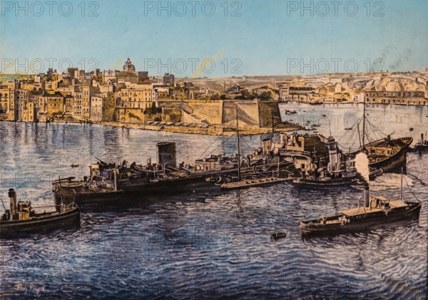 Arrival of the tanker ss Ohio 1942, Oelgemaelde, Fort St. Elmo, fortress on the northern tip built