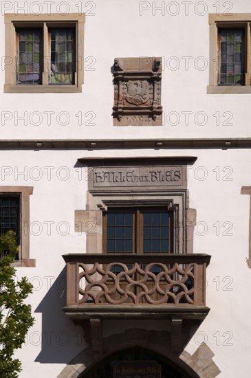 Balcony, Halle aux Blés, former slaughterhouse and corn hall, market square, old town, Obernai,