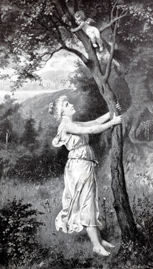 Romanticism of the turn of the century, Woman has discovered a small angel on a tree and wants to