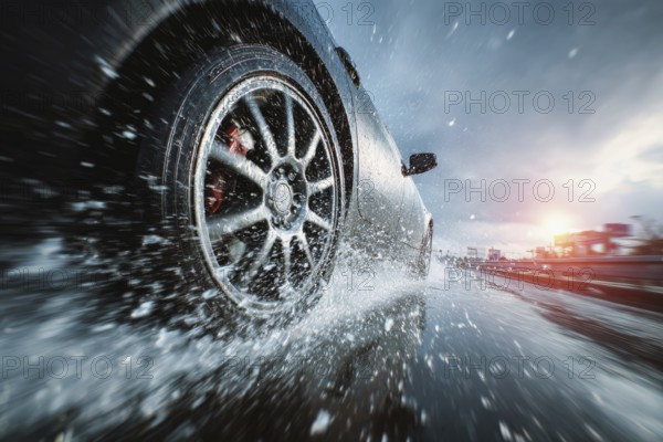 Car drives fast on a wet road, motorway, motorway and generates splash water, risk of accident due