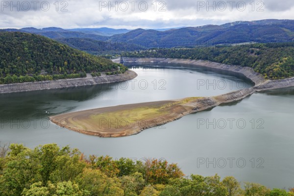 View of a dry mountain ridge below Waldeck Castle, exposed by the low water level of the reservoir,