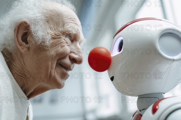 An elderly man in a nursing home smiles and communicates with a humanoid robot, care robot with a