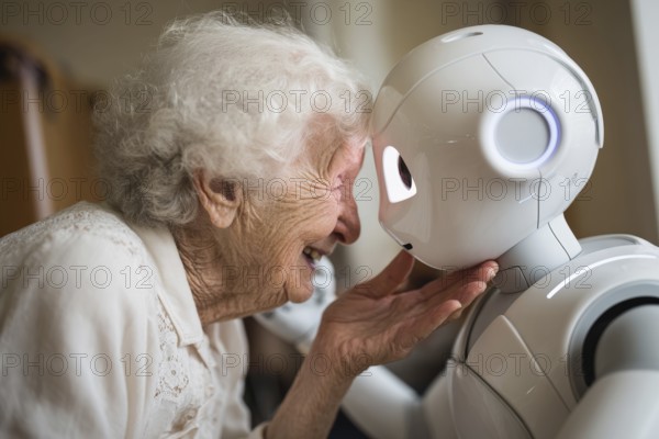 An elderly woman in a nursing home has fun, laughs and communicates with a humanoid robot, care