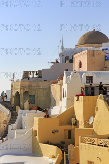 Tourists pose on colourfully painted houses on the hillside, picturesque village of Oia, Thira,
