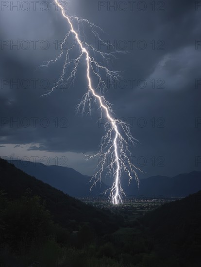 A large flash of lightning illuminates the night sky over a landscape surrounded by mountains, AI