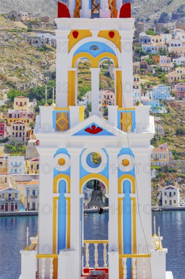 Church of Evangelismos (also known as Annunciation Church) bell tower, Gialos, Symi Island,