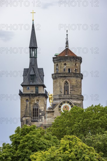 City view of Stuttgart with the two towers of the collegiate church. In between, the Mercury Column