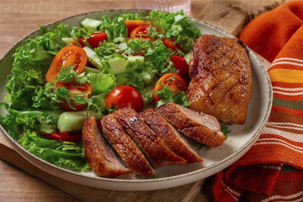 Delicious grilled duck breast served with fresh garden salad and cherry tomatoes at a rustic dining