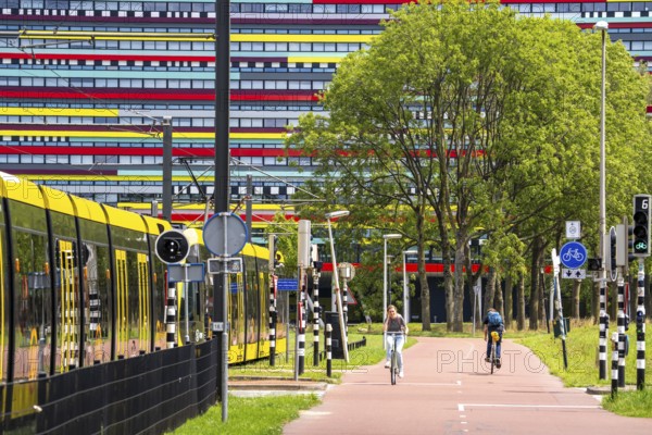 Cycle path through the university campus in Utrecht Science Park, Utrecht University, colourful