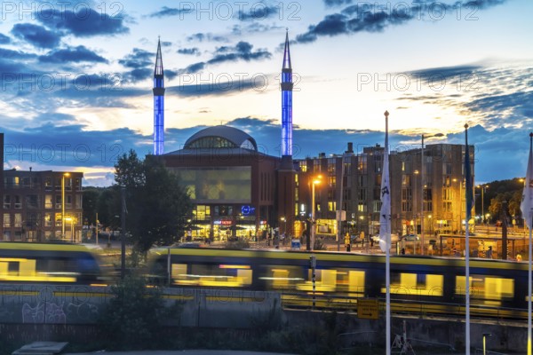 City centre of Utrecht, Mosque Ulu Camii, Mosque at Utrecht Centraal station, evening lighting,