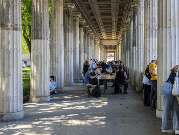 Tourists and passers-by in the colonnade courtyard of the Neues Museum, Bodestraße in Berlin Mitte,