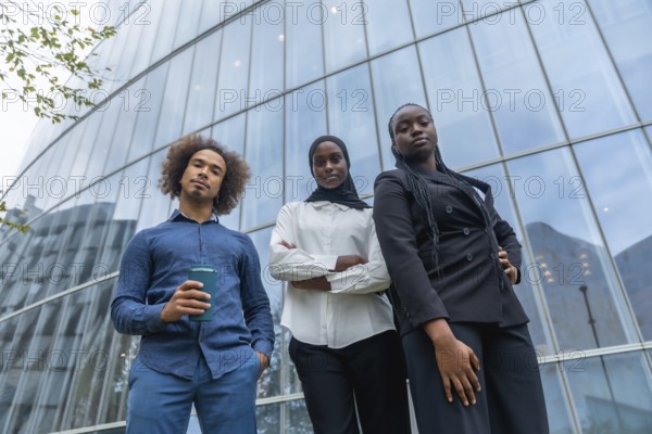 Diverse business team of young professionals standing together with confident expressions against a
