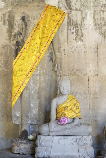 Sandstone Buddha statues, (Bhumispara mudra: Buddha Gautama in the moment of enlightenment), with