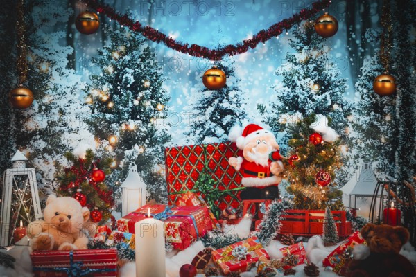 Christmas scene with Santa Claus and stuffed animals surrounded by lights and gifts against a