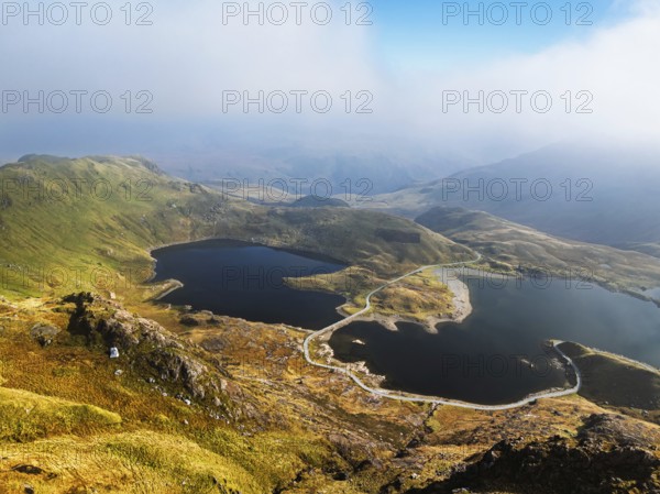 Pyg Track over Llyn Llydaw lake from a drone, Pen-y-Pass, mountain pass, Snowdonia, Gwynedd,