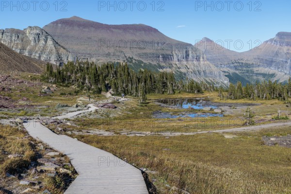 240905_108 Mountains colored by minerals rise up behind a pond along the Hidden Lake Trail from the