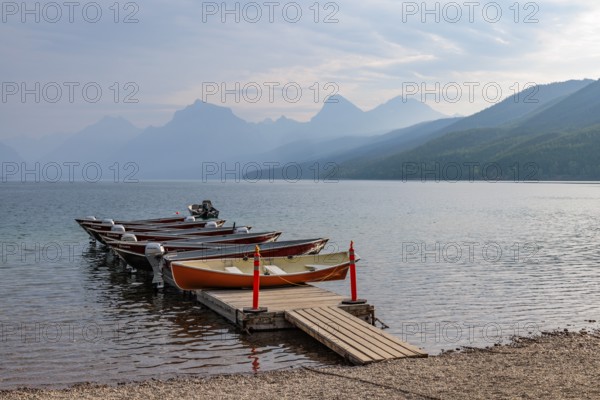 240903_057 Rental boats on a floating dock in Lake McDonald at Apgar Village in Glacier National