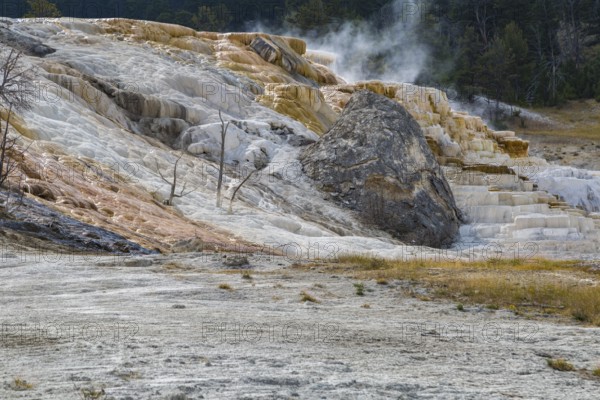 180822_099 Hill of calcium carbonate expelled from Palette Spring over time in the Mammoth Hot
