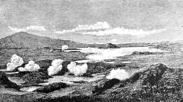 Lake Rotorua, lake with surrounding hot springs, volcanic activity, hot water vapor, mountain