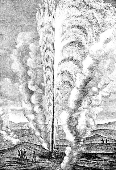 Eruption of the Beehive geyser in Yellowstone National Park, huge altitude, water vapor, hot water
