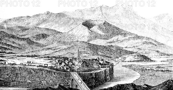 Volcanic boiler with basaltic lava from Jaujac on the Lignon, stratovolcano, volcanic cone,