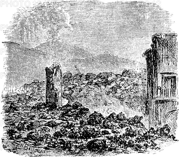 Houses buried by the lava of the Vesuvius volcano, smoke, eruption, lava flow, natural disaster,
