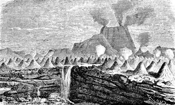 Smoking volcano with numerous eruption cones, geology, volcanic field, waterfall, rock wall,