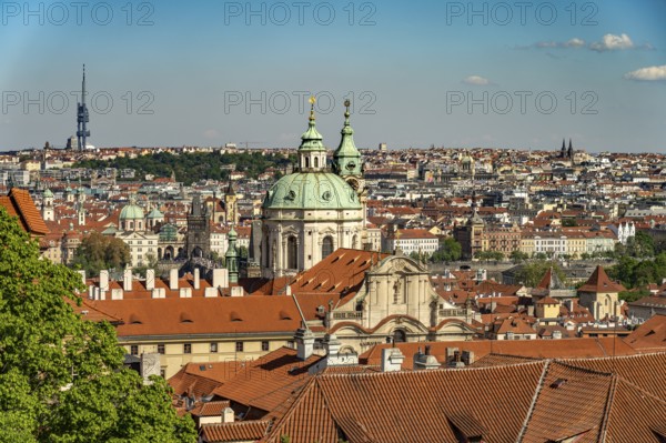 Old Town, Vltava and St. Nicholas on Malá Strana seen from above, Prague, Czech Republic
