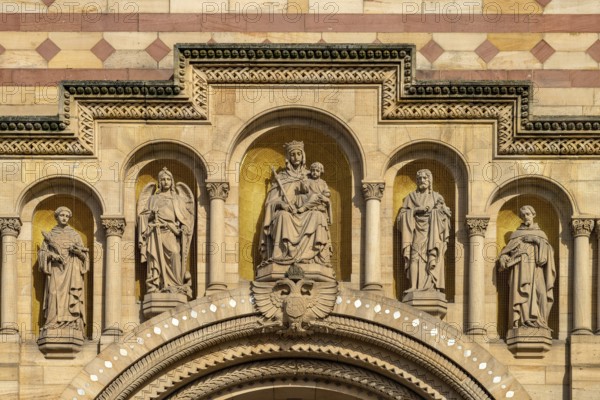 Sculptures of the five patron saints on the façade of Speyer Cathedral in Speyer,