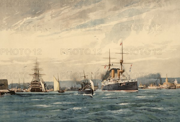 Port of Portsmouth, England, around 1900, based on a painting by Thomas Nelson, illustration,