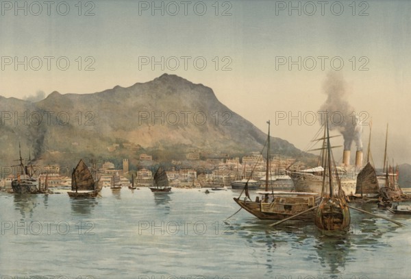 Hong Kong, ships in front of the harbor, around 1900, based on a painting by Thomas Nelson,