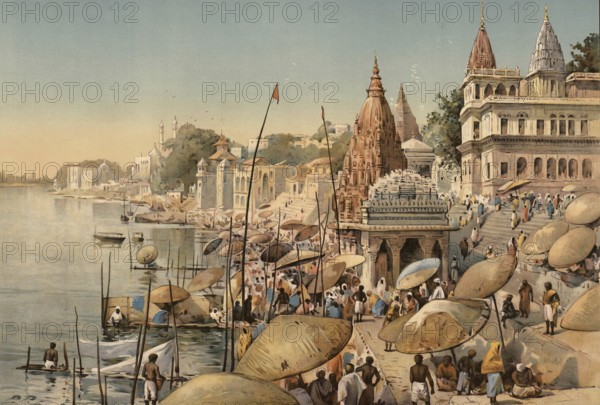 Benares, today Varanasi, city on the Ganges in India, around 1900, based on a painting by Thomas
