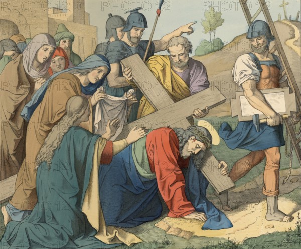Biblical story, Jesus carrying the heavy cross, Jesus carrying the heavy wooden cross through