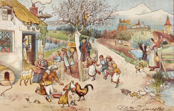 Symbolic spring, rural scene with farmers, children and animals, painting by Clayton Symington,