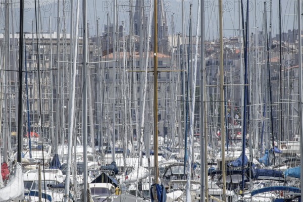 Sailboats anchor in the Old Port, Marseille, Bouches-du-Rhône departments, Provence-Alpes-Côte