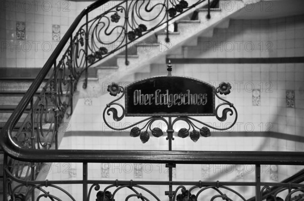 Interior view, sign upper ground floor, art nouveau, staircase, Alsterhaus, black and white, Free