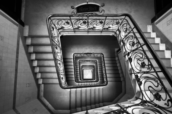 Interior view, staircase, square, art nouveau, Alsterhaus, black and white, Free and Hanseatic City