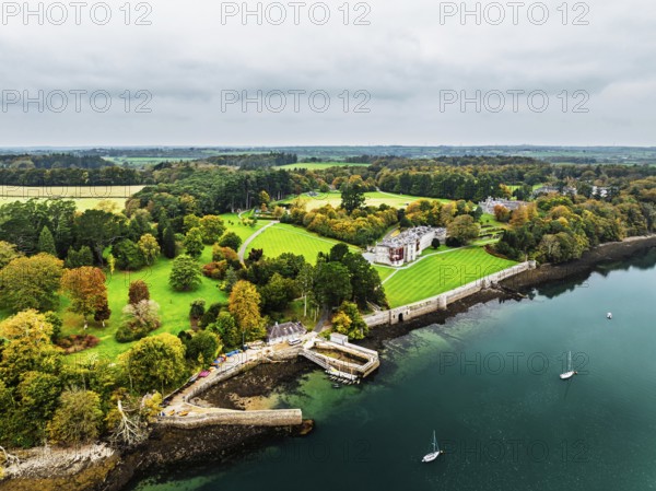Autumn over Plas Newydd House from a drone, Gardens and Parkland, Llanfairpwllgwyngyll, Anglesey,