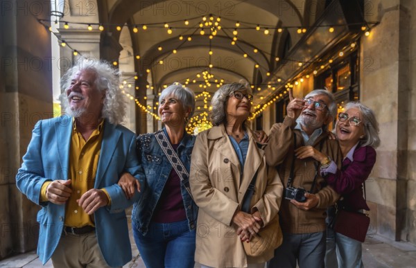 Diverse group of smiling senior friends enjoying a tour of an illuminated european city, looking up