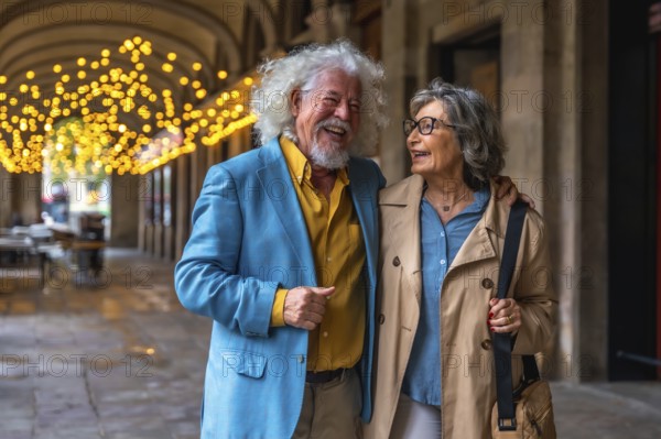 Senior couple strolling arm in arm through an arched city passage, smiling and laughing under