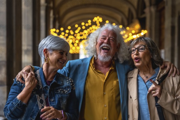 Three laughing senior friends enjoying a lively conversation and close companionship while walking