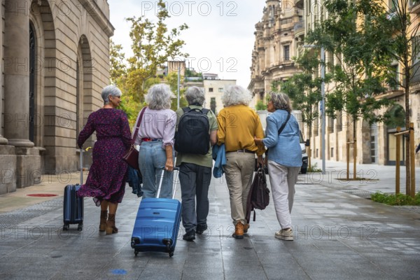 Group of diverse senior women friends enjoying city travel together, walking on an urban street