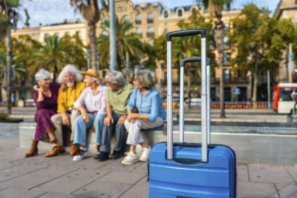 Seniors group relaxing on a bench in a city street with a blue suitcase in the foreground, enjoying