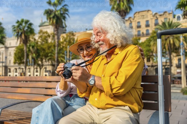 Senior couple sitting on a bench in an urban setting, enjoying their trip, looking at pictures on a