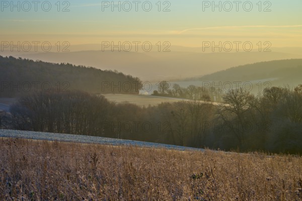 Frozen meadow in morning light with a foggy valley and rolling hills in the background, Seckmauern,