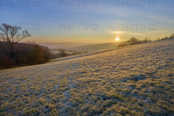 A sunny, frosty morning with a view of a hilly landscape, Seckmauern, Lützelbach, Maintal,