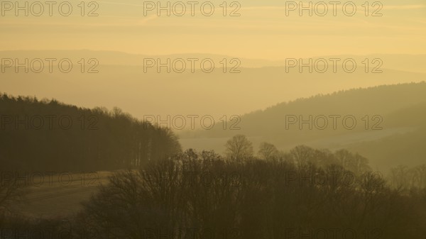 Blurred hills and trees in morning fog with a golden sky at sunrise, Seckmauern, Lützelbach,