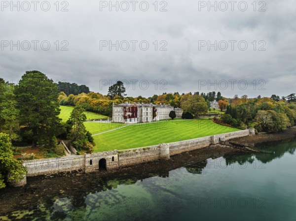 Autumn over Plas Newydd House from a drone, Gardens and Parkland, Llanfairpwllgwyngyll, Anglesey,