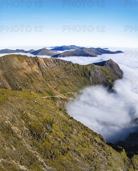 Snowdon Massif from a drone, Snowdon Range, Snowdonia, North Wales, UK