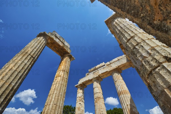 View of ancient ruins and columns in Greece, Nemea, Ancient Zeus Church, Archaeological Site,